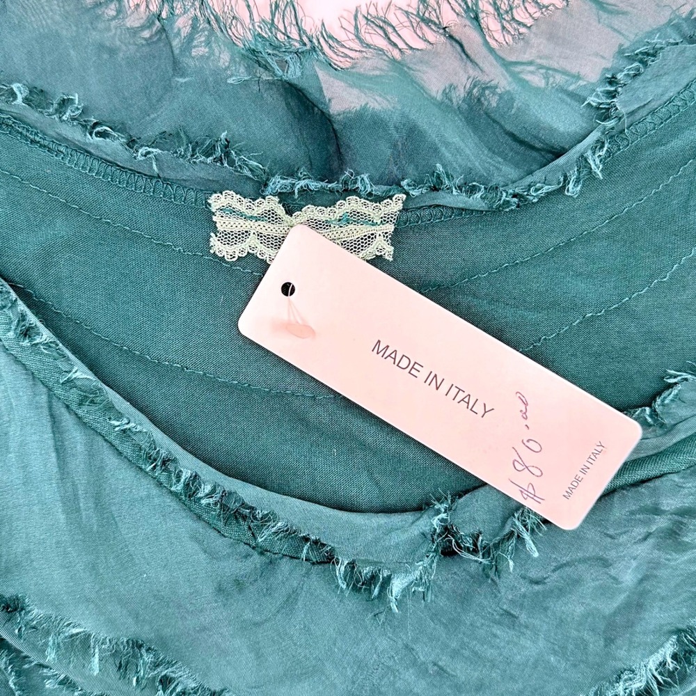 Made in Italy Silk Tiered Ruffle Dress Teal Green Sleeveless Cowl Neck Midi NWT - Picture 3 of 7